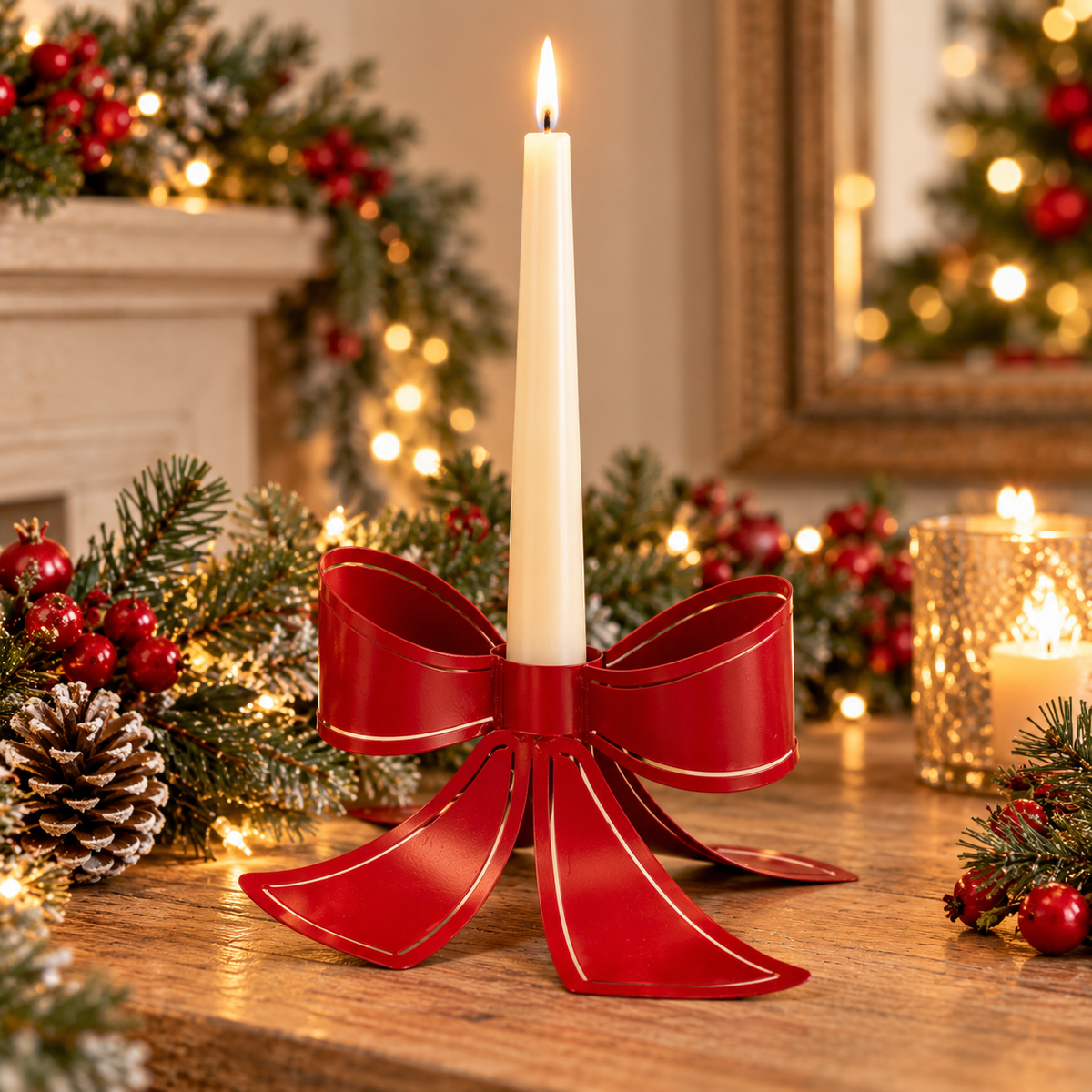 Red Metal Bow Christmas Candle Holder 18cm