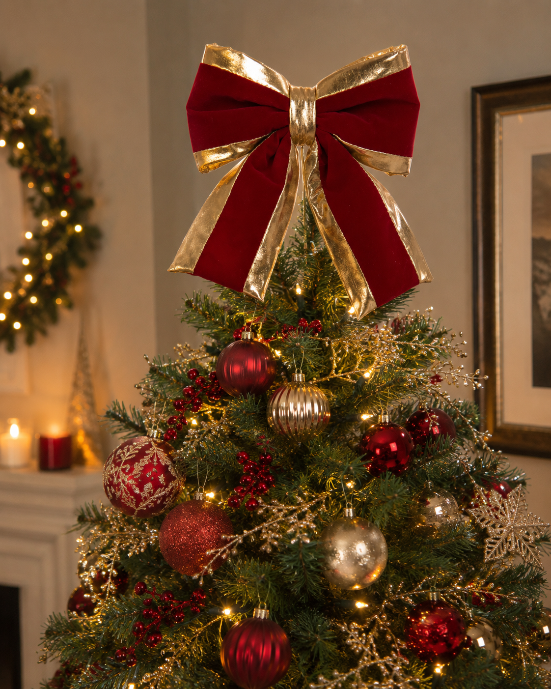 Red & Gold Bow Christmas Tree Topper 26cm by Floralsilk