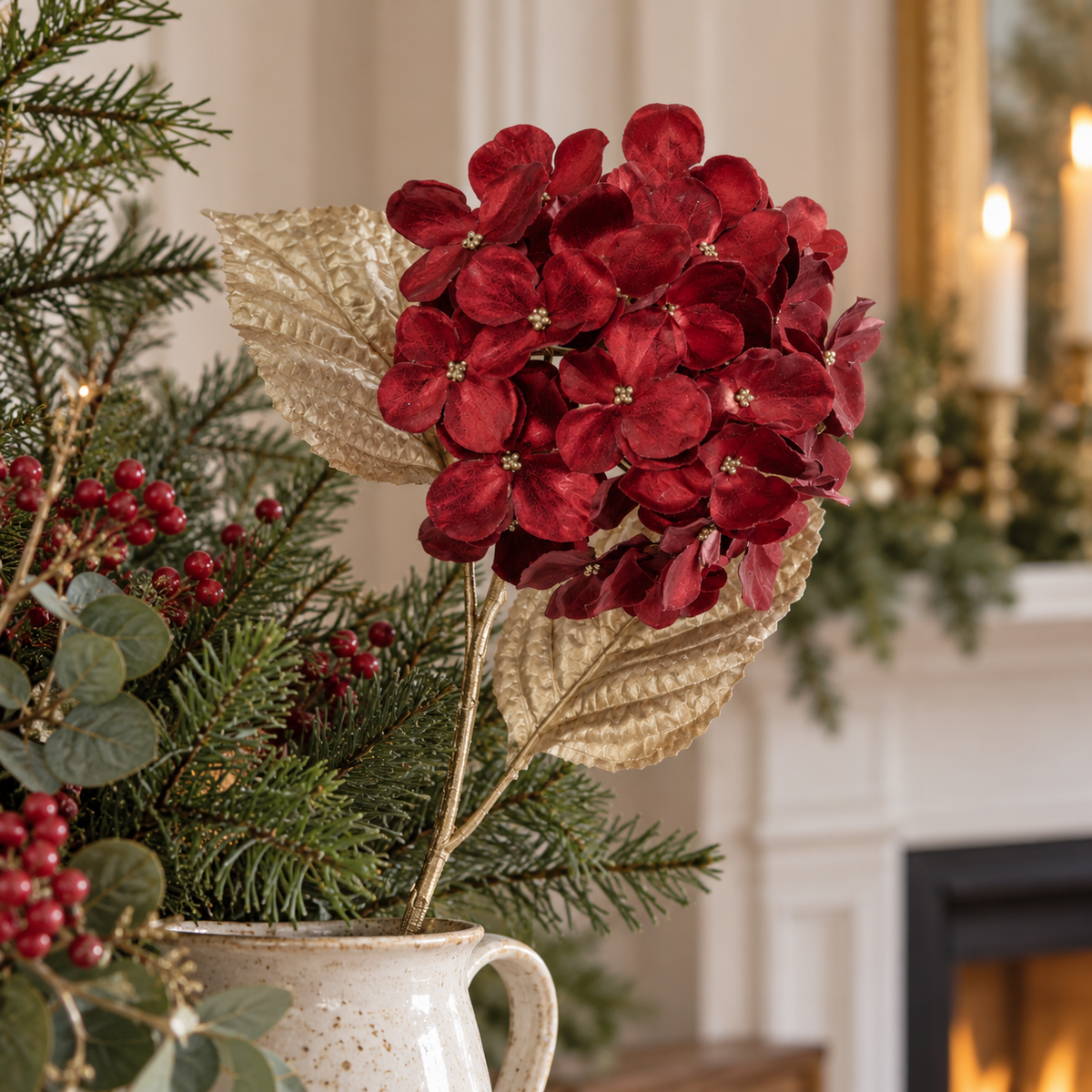 Metallic Red & Gold Hydrangea Spray 65cm