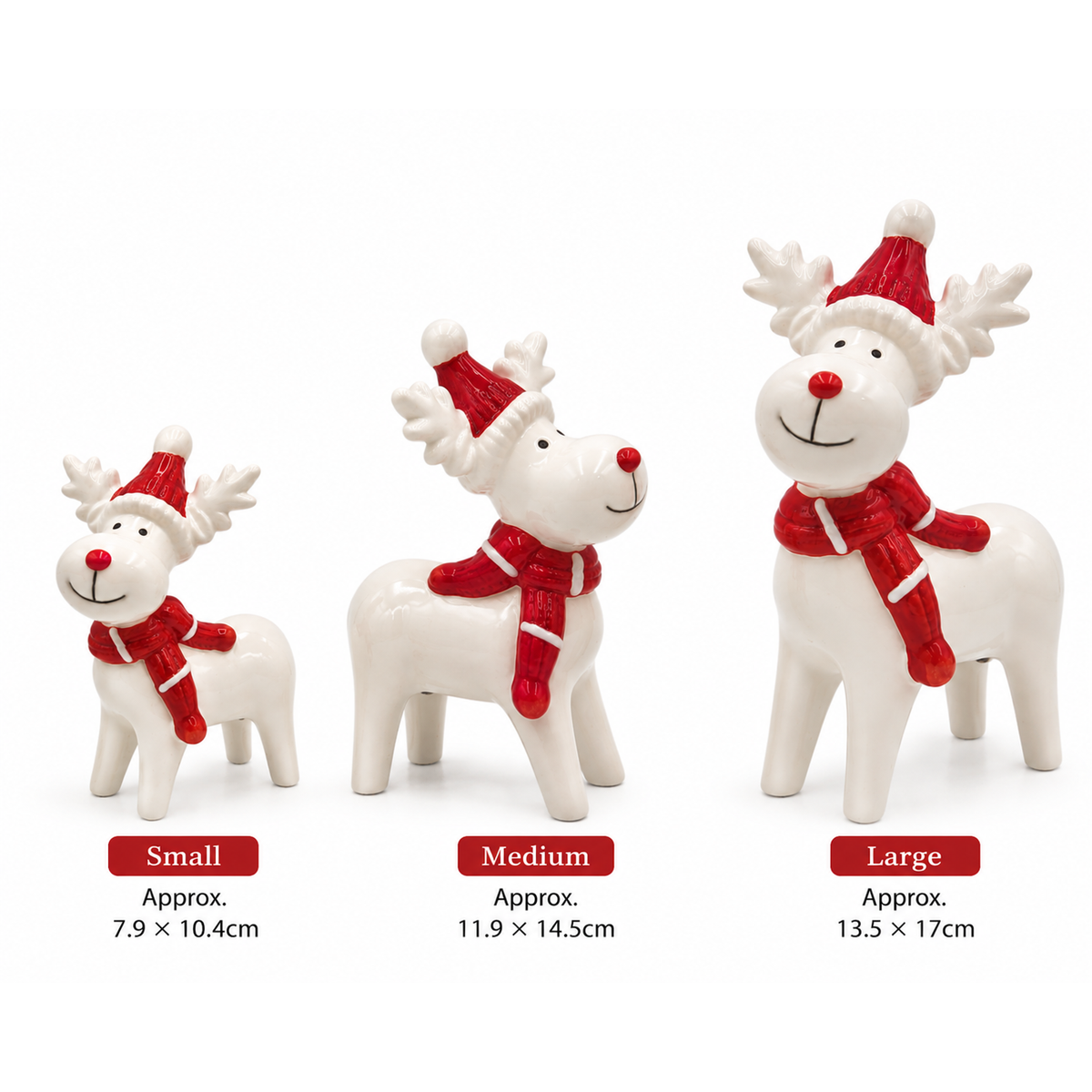 Ceramic White Christmas Reindeer with Red Nose & Scarf – 3 Sizes
