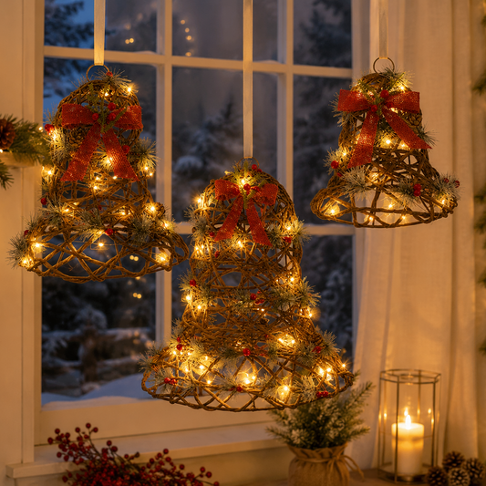Three hanging Christmas tree-shaped wreath decorations with warm white string lights and red bows, displayed in front of a window in a cozy holiday room setting.