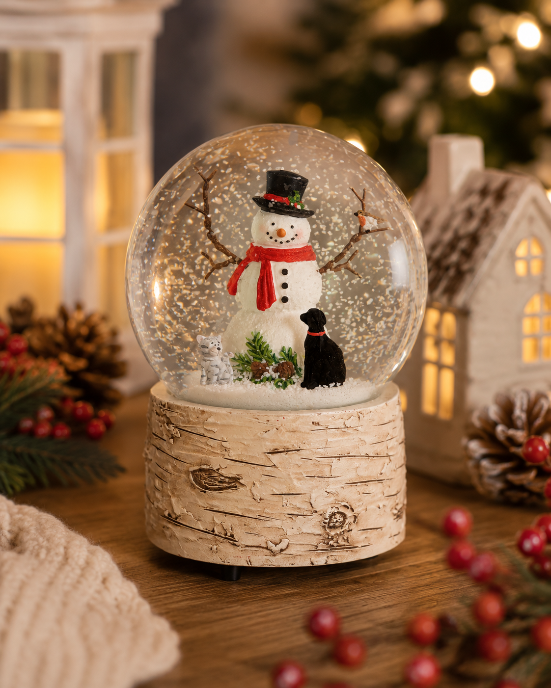 A festive snow globe with a snowman and a black dog inside, set on a birch-wood-textured base. The scene is decorated with pinecones, red berries, and a warm, softly blurred Christmas tree and house in the background.