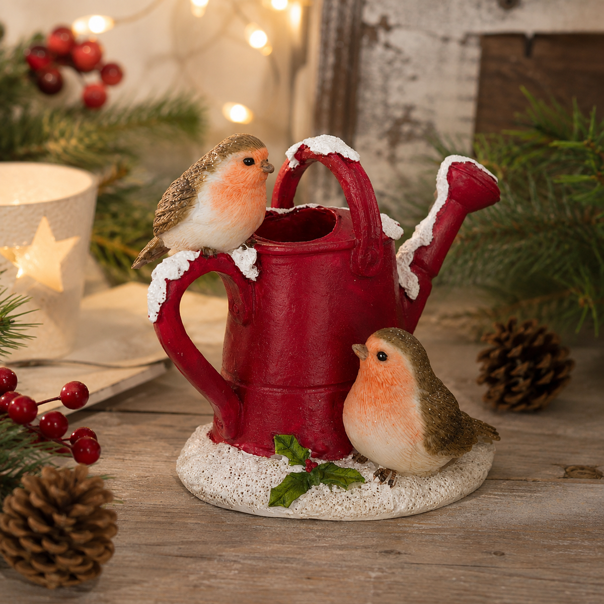 Resin Robins Watering Can 10cm by Floralsilk – Christmas Decoration