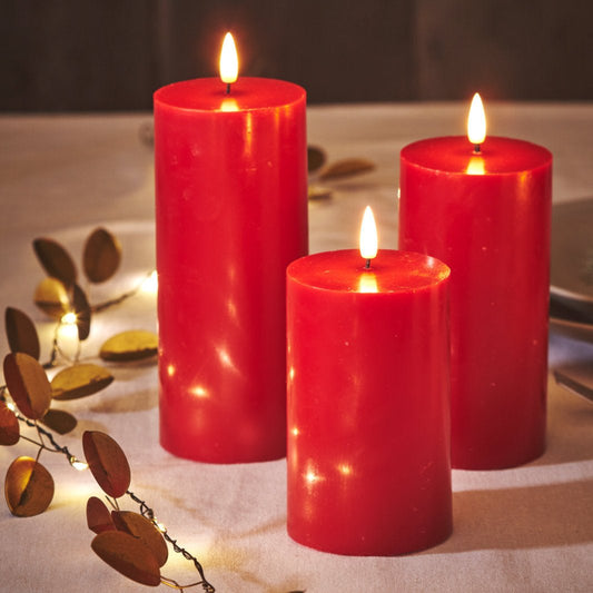 Red LED Pillar Candles 7cm Diameter - set of 3 - Battery Powered