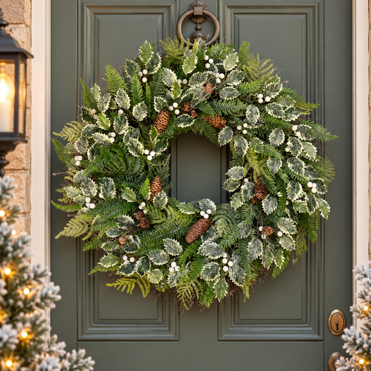 Sparkle Holly Christmas Wreath 71cm – Frosted Green & White Berry Wreath