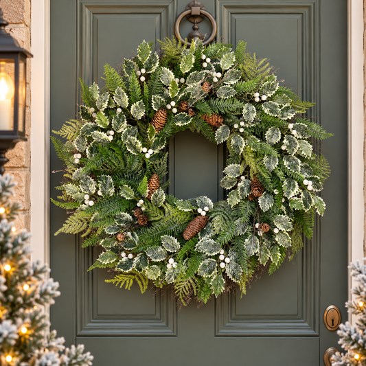 Sparkle Holly Christmas Wreath 71cm – Frosted Green & White Berry Wreath