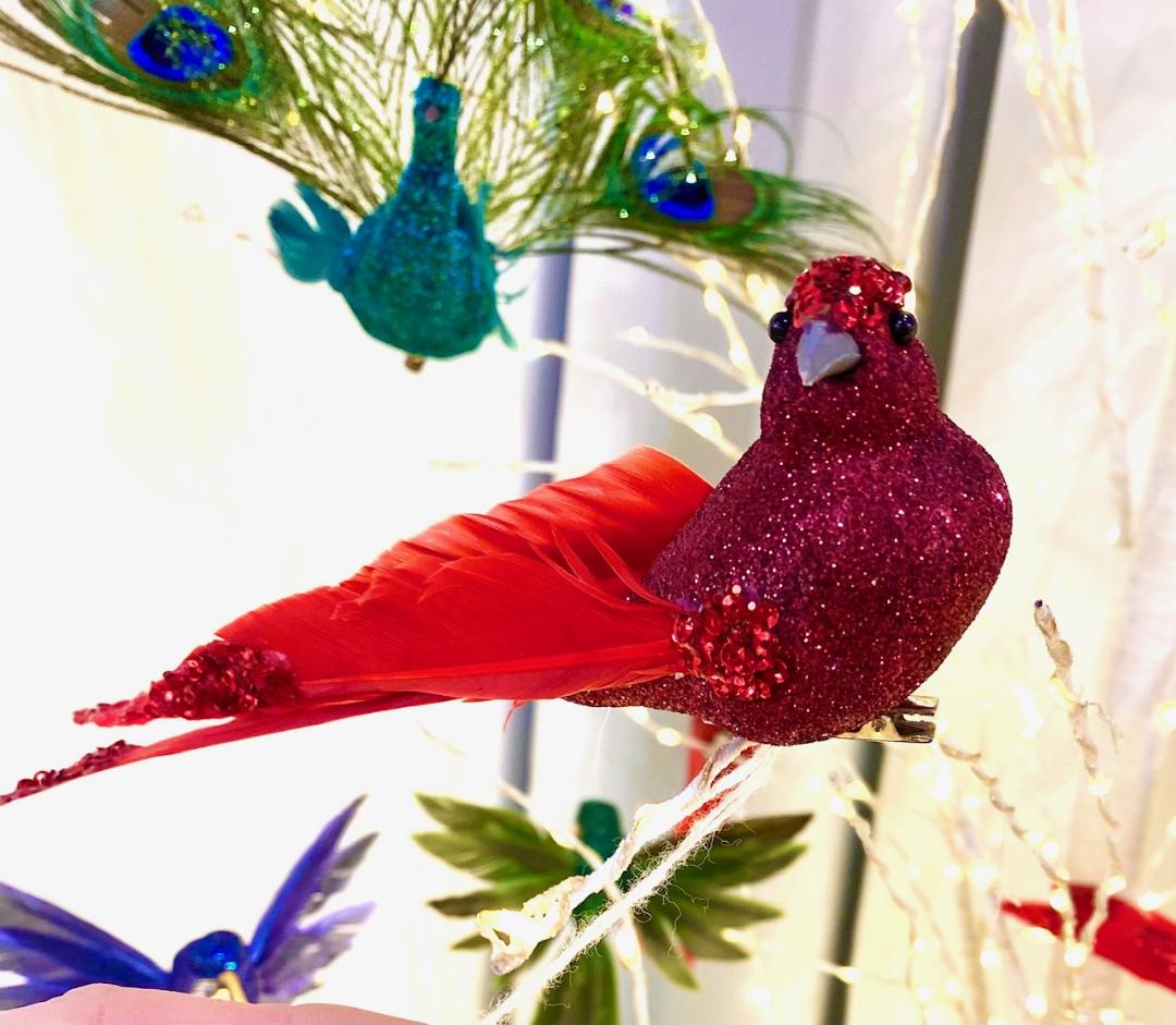 Red Clip on Decorative Glitter Feather Bird