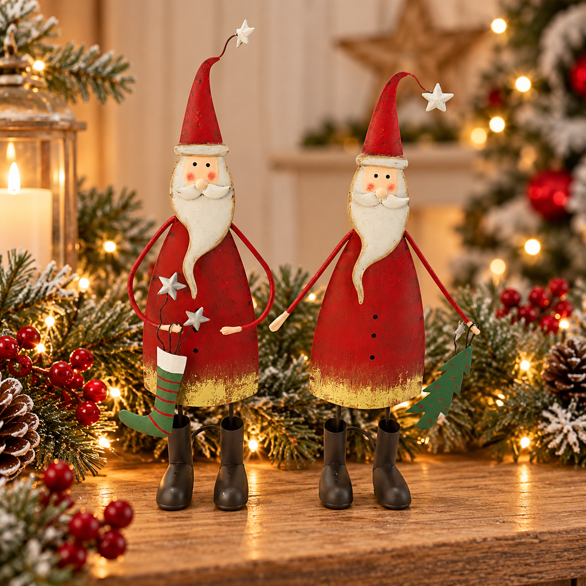 Standing Tin Santa Decorations – Set of 2 Assorted Designs – 22.5cm