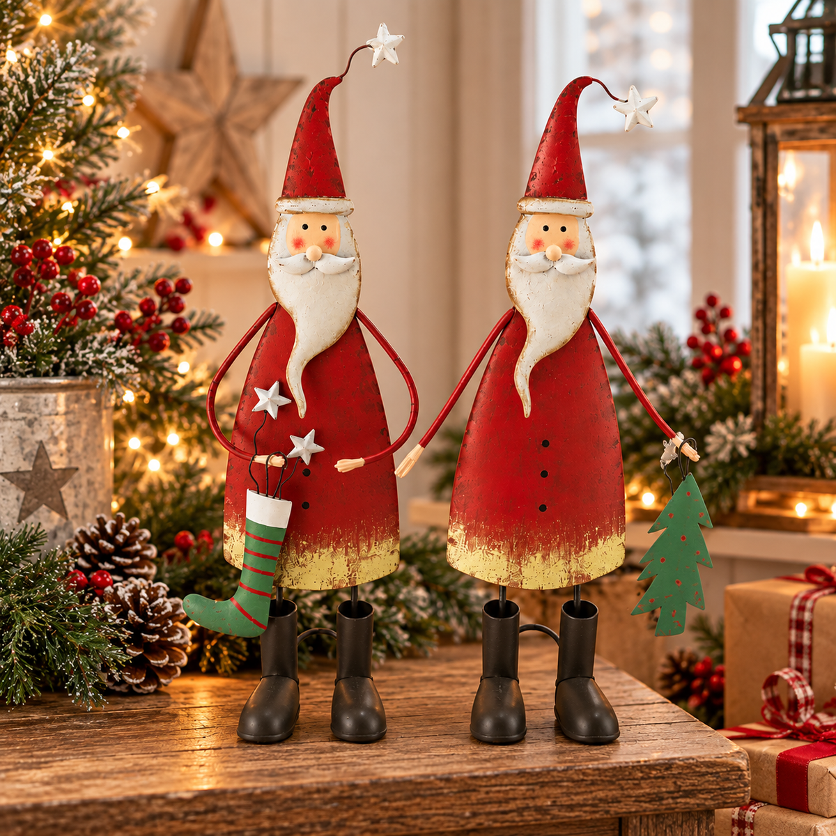 Standing Tin Santa Decorations – Set of 2 Assorted Designs – 30cm