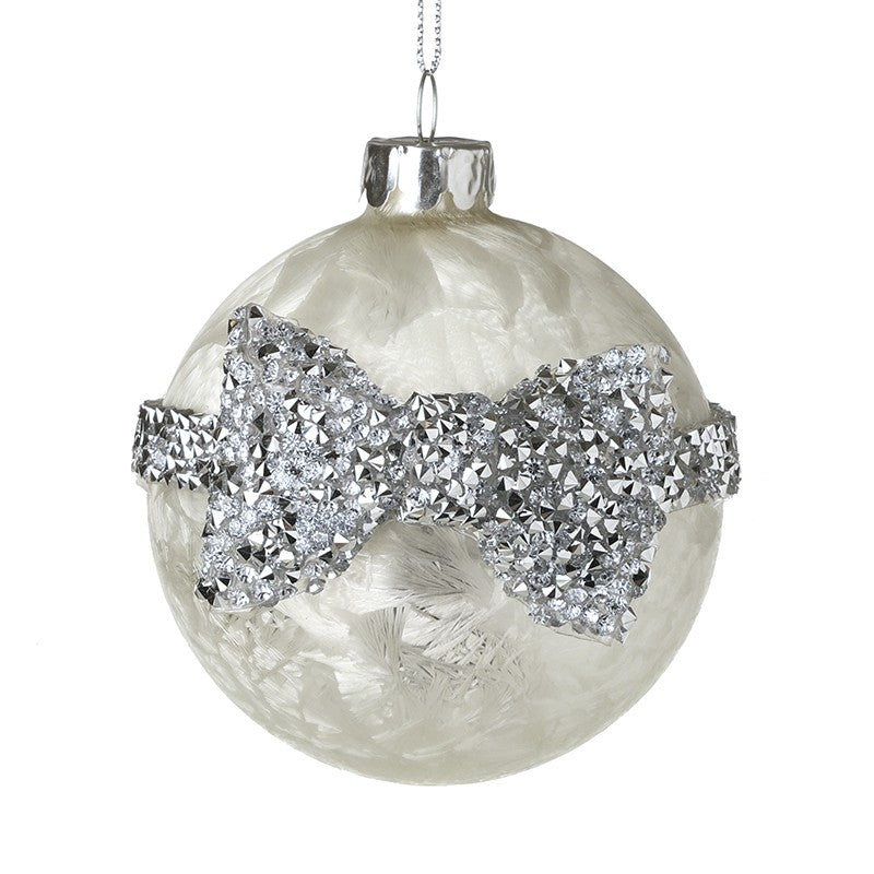 White Glass Silver Glitter Bow Bauble
