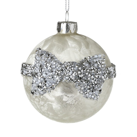 White Glass Silver Glitter Bow Bauble