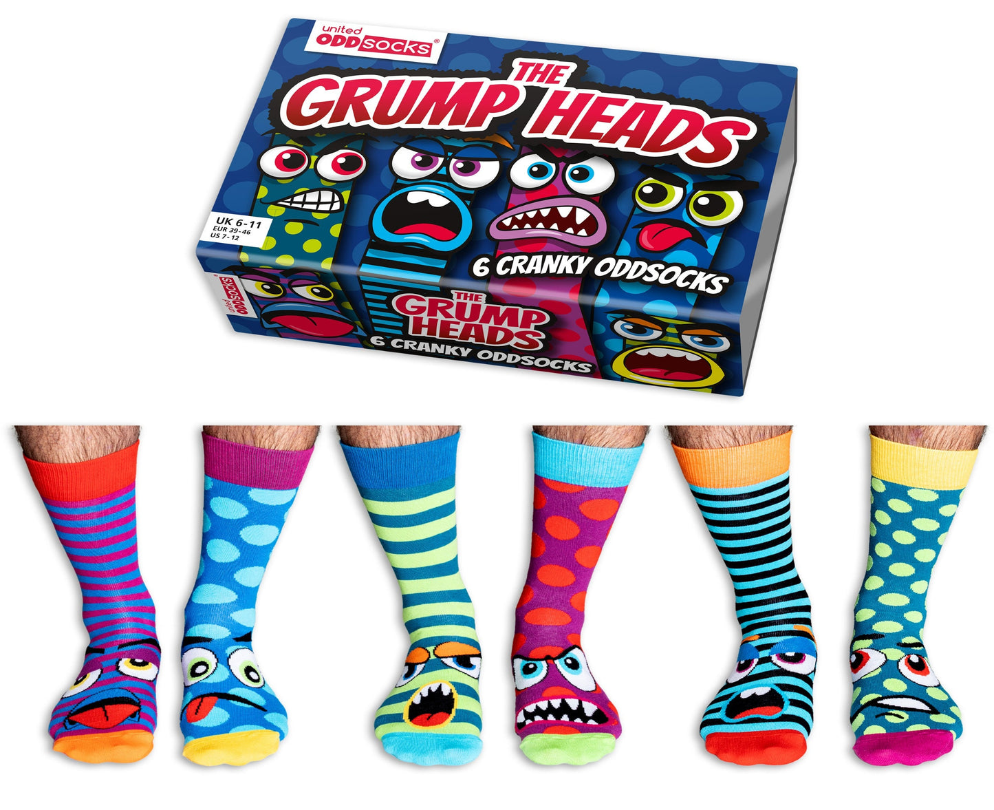 United Oddsocks Grump Heads 6 Odd Socks Gift Box - Mens Size 6-11