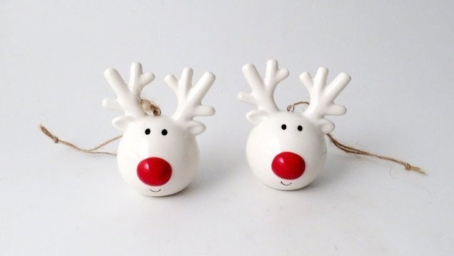 White Ceramic Reindeer Head with Red Nose Christmas Hanging Decoration