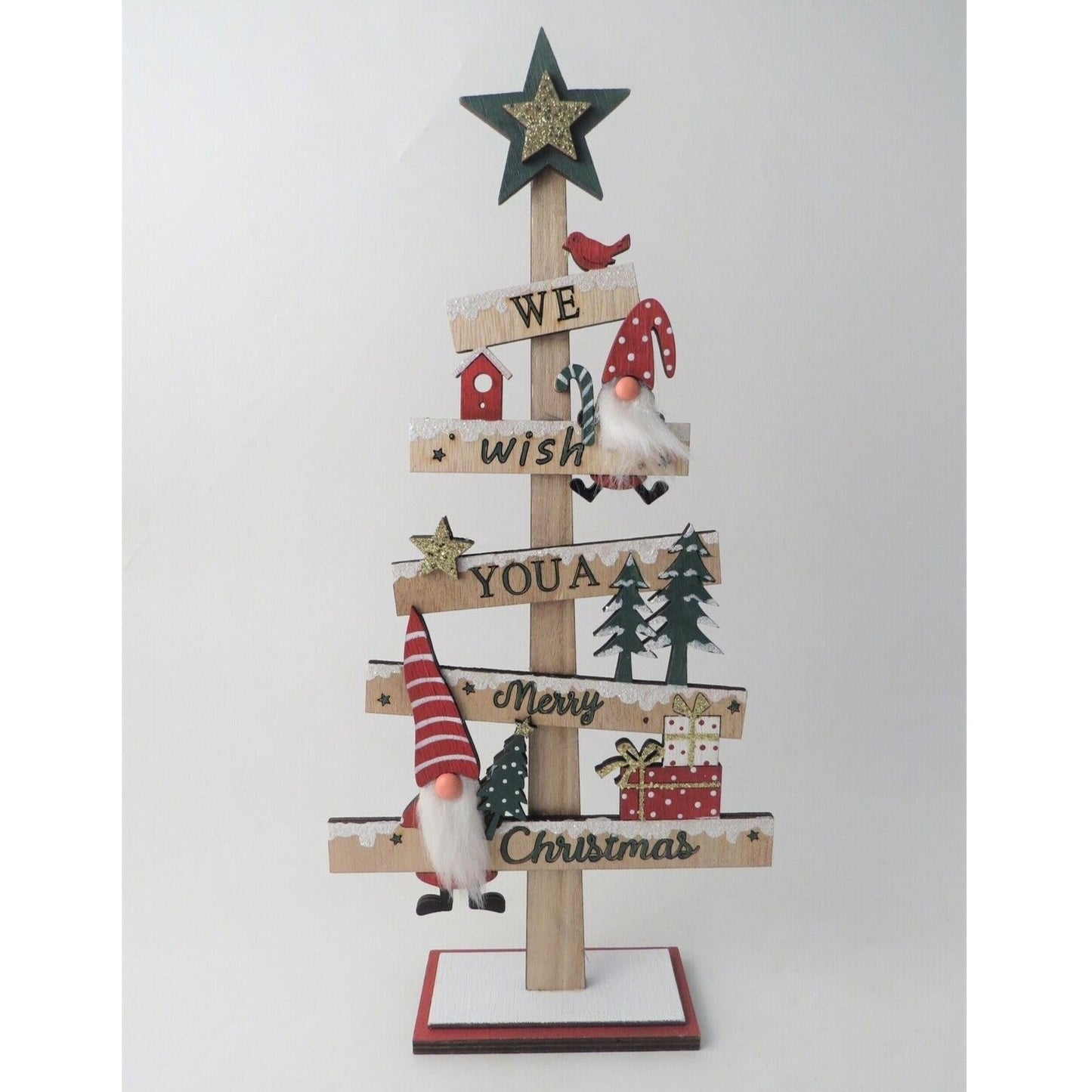 Wish You A Merry Christmas Wood Tree with Gonks 35.5cm
