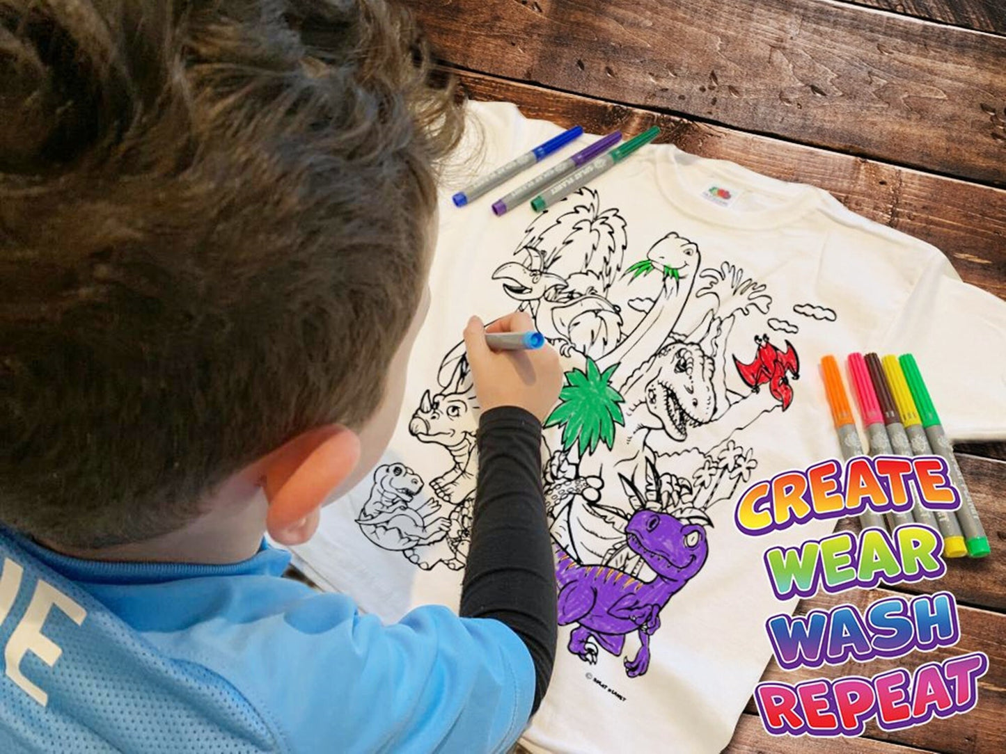 Splat Planet Colour In Children's T-Shirt - Dinosaurs - Pens Included