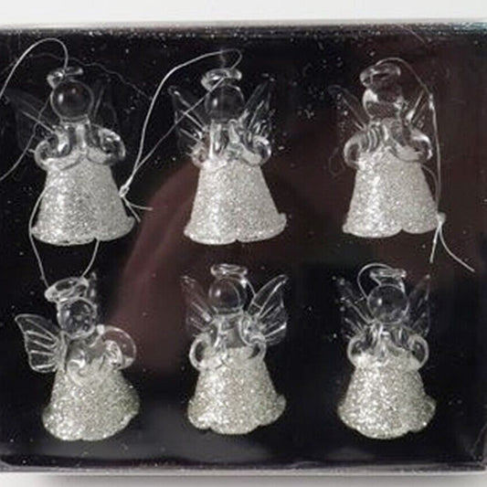 Set of 6 Silver Glass Angel Hanging Christmas Decorations