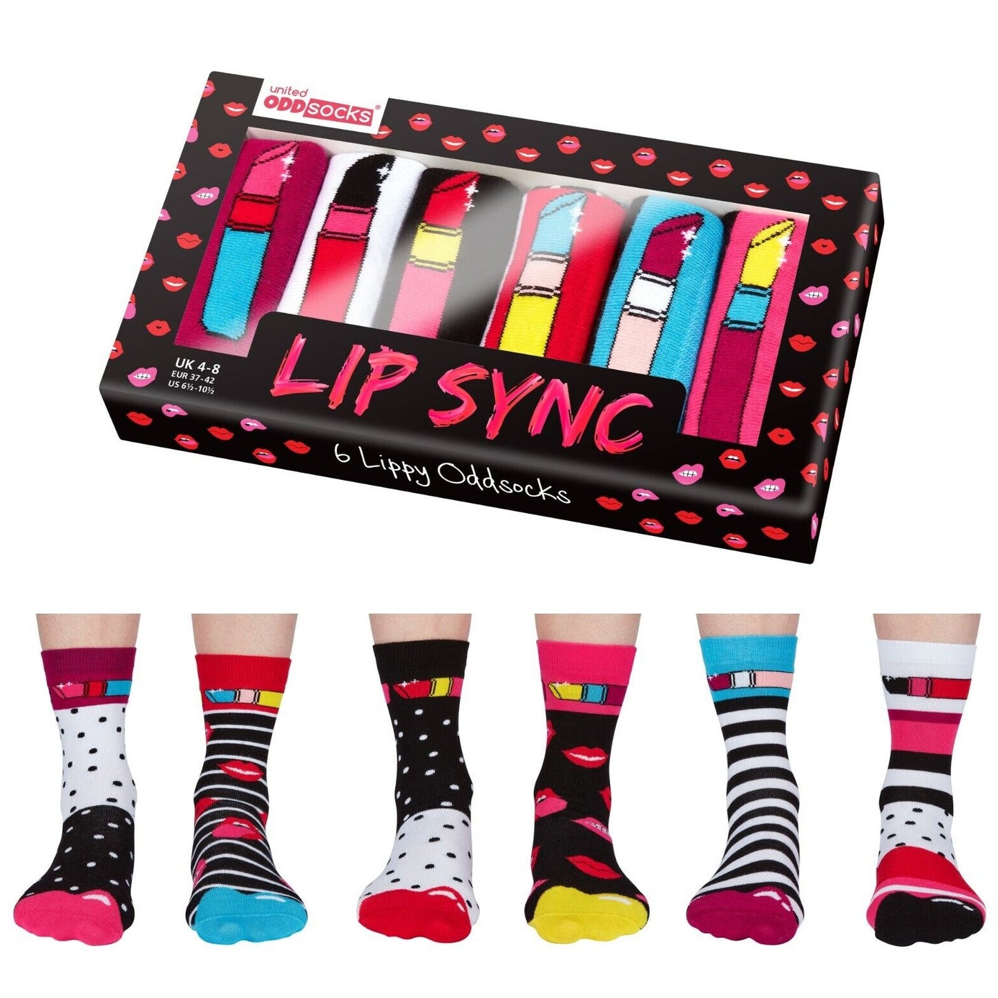 United Oddsocks LIP SYNC 6 Odd Socks Gift Box-Ladies Size 4-8