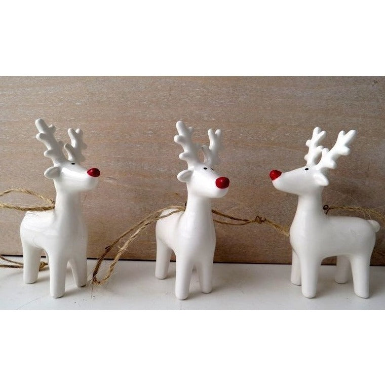 White Ceramic Reindeer Hanging Decoration with Red Nose