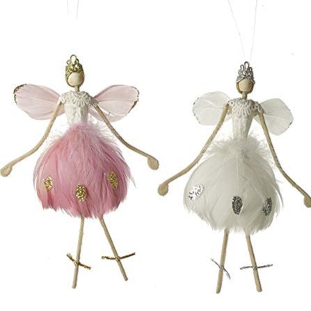 Heaven Sends Pink & White Feather Fairy Hanging Christmas Decorations