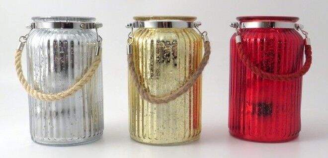 Glass Lantern with Ribbed Finish and Rope Handle -Gold OR Silver