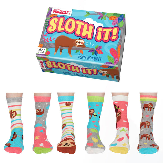 United Oddsocks Sloth It 6 Odd Socks  Gift Box-Ladies Size 4-8
