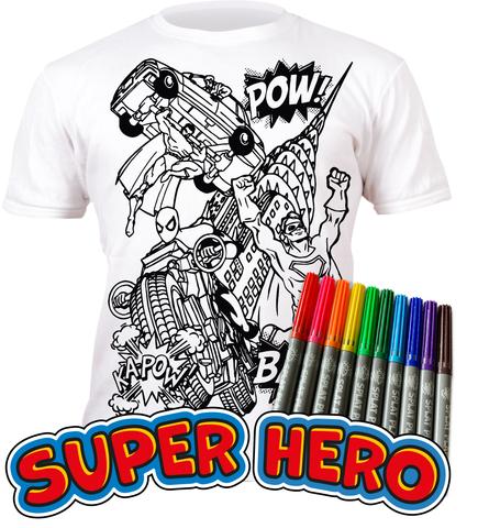 Splat Planet Colour In Children's T-Shirt - Super Heroes - Pens Included