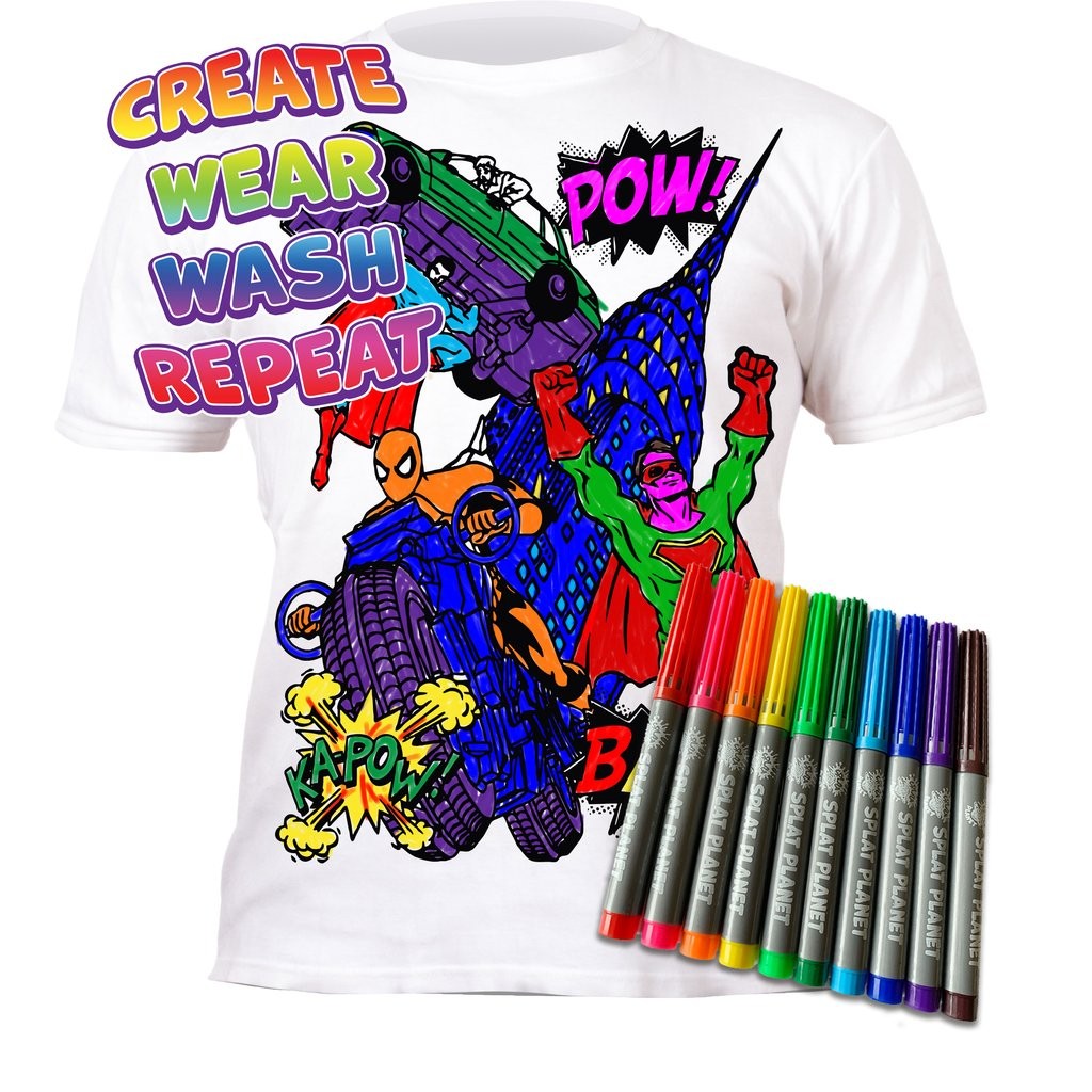 Splat Planet Colour In Children's T-Shirt - Super Heroes - Pens Included