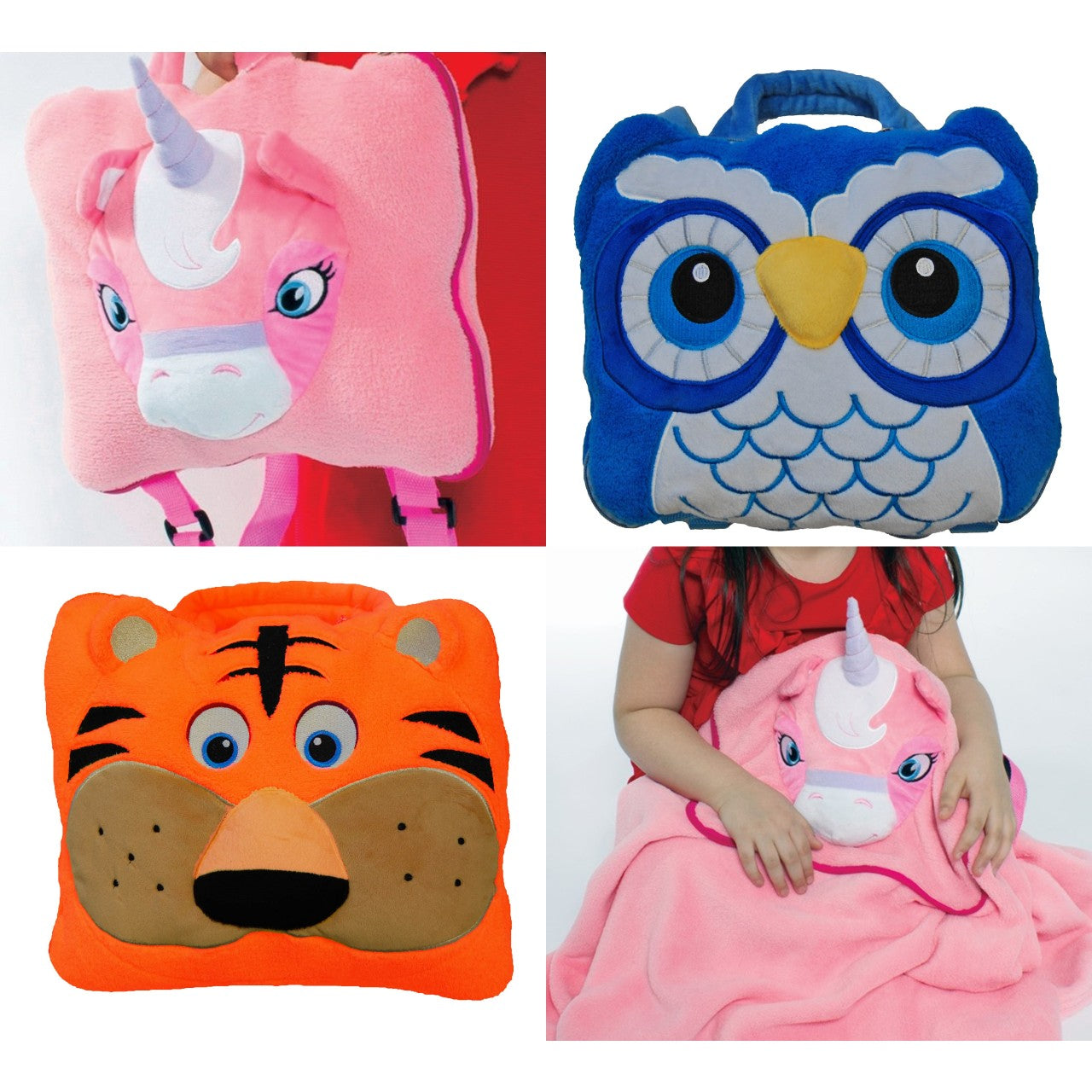 Cozytime Supersoft Fleece Backpack Travel Blanket -Owl, Unicorn or Tiger