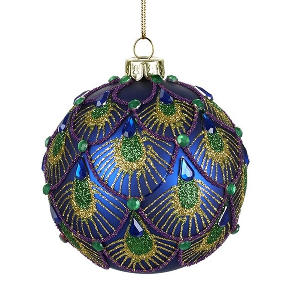 Deep Blue / Purple Peacock Feather Design Bauble Christmas Tree Decoration in