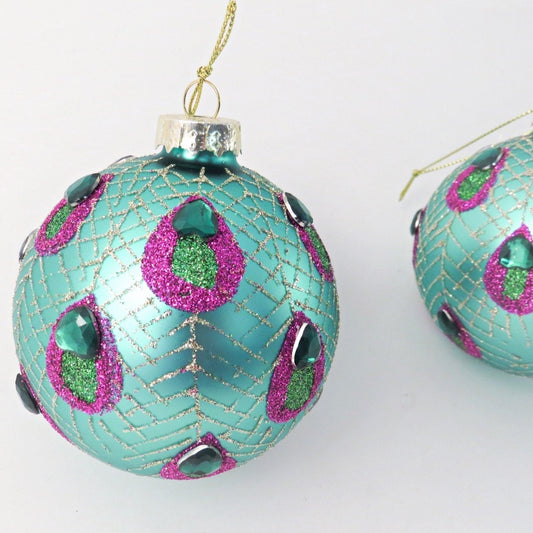 Turquoise peacock Bauble with Purple Glitter Detail and Gems