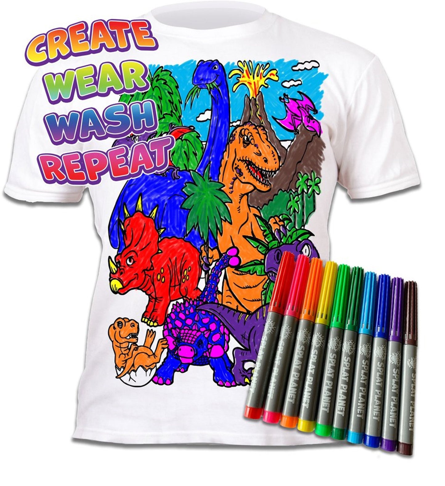 Splat Planet Colour In Children's T-Shirt - Dinosaurs - Pens Included