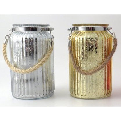 Glass Lantern with Ribbed Finish and Rope Handle -Gold OR Silver